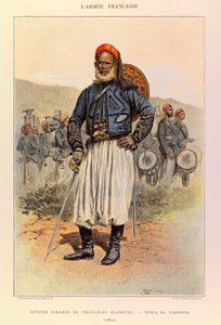 Typer og uniformer af kaptajn Jules Richards franske armé, illustreret af Edouard Detaille (1848-1912): Indfødt officer af algeriske tuniorer i feltkjole i 1886, privat samling af Jean Baptiste Edouard Detaille