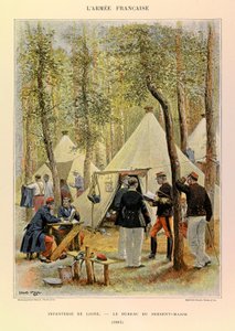 Typer og uniformer af kaptajn Jules Richards franske armé, illustreret af Edouard Detaille (1848-1912): Linieinfanteri: Sergentmajorens kontor i 1885, privat samling af Jean Baptiste Edouard Detaille