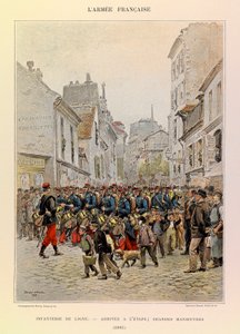 Typer og uniformer af kaptajn Jules Richards franske armé, illustreret af Edouard Detaille (1848-1912): Linjeinfanteri: Ankomst til scenen under de store manøvrer i 1885, Privat samling af Jean Baptiste Edouard Detaille