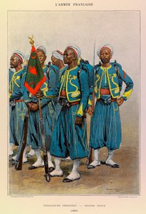 Typer og uniformer af kaptajn Jules Richards franske armé, illustreret af Edouard Detaille (1848-1912): Native Tirailleurs in Great Outfit in 1886, Private Collection af Jean Baptiste Edouard Detaille