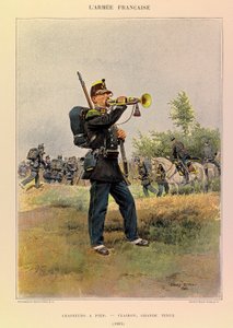 Typer og uniformer af kaptajn Jules Richards franske Armee, illustreret af Edouard Detaille (1848-1912): Jægere til fods: Bugle i flot kjole i 1885, Privat samling af Jean Baptiste Edouard Detaille