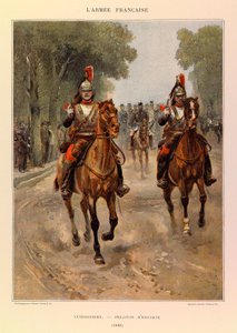 Typer og uniformer af kaptajn Jules Richards franske Armee, illustreret af Edouard Detaille (1848-1912): Cuirassiers: Escort deling i 1885, Privat samling af Jean Baptiste Edouard Detaille