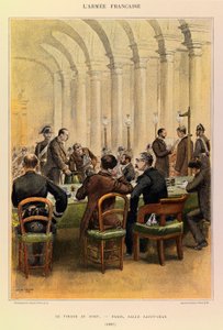 Typer og uniformer af kaptajn Jules Richards franske Armee, illustreret af Edouard Detaille (1848-1912): Lodtrækningen i Paris, Salle Saint Jean i 1887, privat samling af Jean Baptiste Edouard Detaille