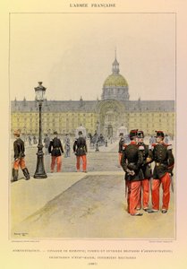 Typer og uniformer af kaptajn Jules Richards franske armé, illustreret af Edouard Detaille (1848-1912): Administration: Rytter, militærbetjent og administrative medarbejdere, stabssekretærer, militærsygeplejersker i 1887, Privat samling af Jean Baptiste Edouard Detaille