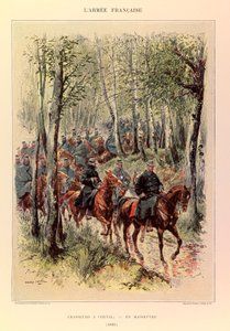 Typer og uniformer af kaptajn Jules Richards franske Armee, illustreret af Edouard Detaille (1848-1912): Hunters a horse in maneuver in 1885, Private Collection af Jean Baptiste Edouard Detaille