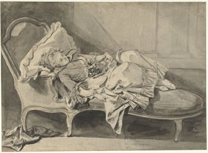 Madame Greuze på en chaiselong med sin hund af Jean Baptiste Greuze