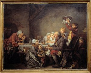The Kings cake En familie, der deler kagen ved helligtrekongerfesten. Maleri af Jean Baptiste Greuze (1725-1805) 1774 søn. 0,72x0,91 m Montpellier museum Fabre af Jean Baptiste Greuze