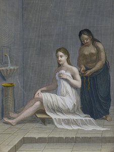 Tyrkisk pige, der har sit hår flettet i badene, 1700-tallet af Jean Baptiste Haussard