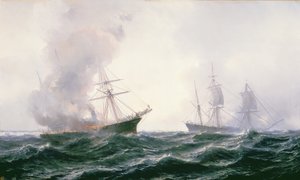 Et skib i brand på havet, med et andet stående