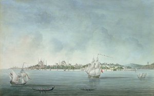Udsigt over Sultan Ahmet og Santa Sophia fra Uskudar i Konstantinopel