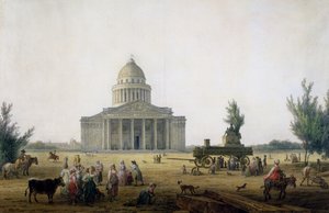 Udsigt over Pantheon i Paris med en vogn med en statue af Jean-Jacques Rousseau (1712-78), ca. 1792