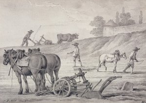 Pløjning af markerne (pen og blæk og vask på papir) af Jean Baptiste Huet