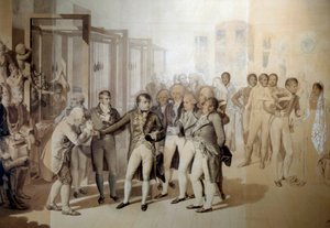 Napoleon Bonaparte (1769-1821), førstekonsul, i nærværelse af Josephine de Beauharnais, besøger de syv brødres fløjlsfabrik i Rouen, november 1802. Tegner i vasken af Jean Baptiste Isabey (1767-1855) 1804 Søn. 1,24x1,76 m Versailles, mu af Jean Baptiste Isabey
