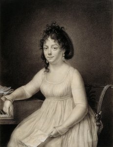 En siddende dame, trekvart lang, formentlig et medlem af kunstnerens familie, der holder et bogstav i venstre hånd og hviler sin højre arm på siden af et klaver, 1820
