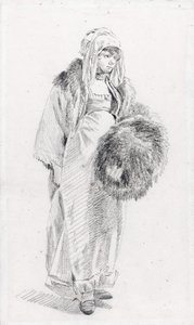 Russisk kvinde med pelsmuffe af Le Prince, Jean-Baptiste (1734-1781), mellem 1758 og 1761 - Sort kridt på papir, 22,9x13,8 - Privat samling