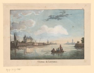 Udsigt over Loevestein Slot fra Waal Chateau de Loevestein (titel på objekt) Rejs gennem Det Forenede Kongerige Holland (serietitel) Voyage pittoresque dans le royaume des Pays Bas (...) (serietitel) af Jean Baptiste Madou (possibly)