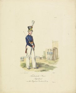 Adjudant ved det schweiziske regiment, 1820-1825 Nederlandsche Armée Adjutant af Regiment Swiss No. 29 (titel på objekt) Militære kostumer af Kongeriget Holland. Dedikeret til Hans Excellence Willem van Bylandt (serietitel på objekt