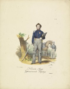 Pensioneret kaptajn, 1820-1825 Nederlandsche Armée, pensioneret Kapiteyn (titel på objekt) Militære kostumer af Kongeriget Holland. Dedikeret til Hans Excellence Willem van Bylandt (serietitel på objekt)