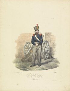 Gunner, 1820-1825 Nederlandsche Infanterie Artillerie Nat.le Mil.tie Kanonnier (titel på objekt) Militære kostumer af Kongeriget Holland. Dedikeret til Hans Excellence Willem van Bylandt (serietitel på objekt)