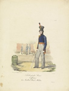 Officer af Artilleri, 1820-1825 Nederlandsche Armée Officier der Artillerie Nat.le Militie (titel på objekt) Militære kostumer af Kongeriget Holland. Dedikeret til Hans Excellence Willem van Bylandt (serietitel på objekt)