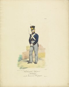 Soldatgarnisonskompagni, 1820-1825 Hollandsk infanterisoldat fra Garnisonskompagniet (titel på objekt) Militære kostumer af Kongeriget Holland. Dedikeret til Hans Excellence Willem van Bylandt (serietitel på objekt)