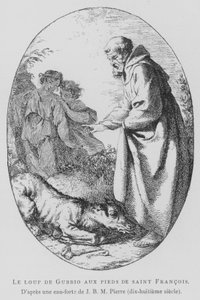 Ulven af Gubbio ved fødderne af den hellige Frans af Assisi (litho) af Jean Baptiste Marie (after) Pierre