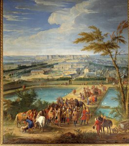 Udsigt over byen og slottet i Versailles taget fra bakken i montbauron, Louis XIV (1638-1715) og Francois Michel le Tellier, Marquis de Louvois besøger de nye reservoirer Maleri af Jean-Baptiste Martin (den Ældre) (1659-1735) ) 1600-tallet søn. 2,