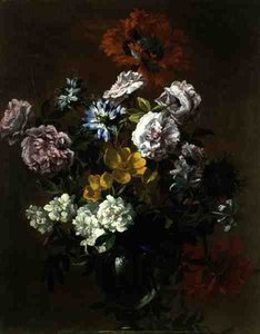 Stilleben af blomster i en glasvase (olie på lærred) af Jean Baptiste Monnoyer