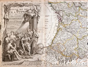 Kort over Guyenne og Gascogne, med et portræt af Ludvig XIV (1638-1715) omgivet af allegoriske karakterer af Jean Baptiste Nolin
