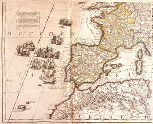 Kort over de vestlige Middelhavslande: Frankrig, Spanien, Portugal og Nordafrika (Marokko, Algeriet, Tunesien), med De Baleariske Øer, Korsika og Sardinien (radering).