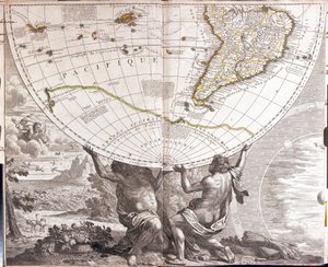 To mænd støtter det jordiske væk, med kortet over Sydamerika (radering af Jean Baptiste Nolin