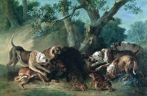 En vild so og hendes unge angrebet af hunde af Jean Baptiste Oudry
