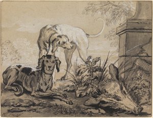 Efter jagten: To hunde ved siden af et vildsvinehoved af Jean Baptiste Oudry