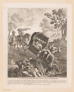 Transportør med heste falder i vandet La Rancune en brancart abbatu dans le bourbier (titel på objekt) Scener fra Scarrons Roman Comique (serietitel) af Jean Baptiste Oudry