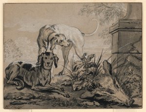 Tegning, Efter jagten: To hunde ved siden af et vildsvinehoved, 1740 af Jean Baptiste Oudry