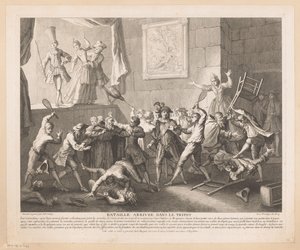 Kæmp i et teater Bataille arrivée dans le tripot (titel på objekt) Scener fra Scarrons Roman Comique (serietitel) af Jean Baptiste Oudry