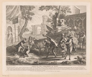 Selskab ankommer til en kro Arrivée des comediens au Mans (titel på objekt) Scener fra Scarrons Roman Comique (serietitel) af Jean Baptiste Oudry