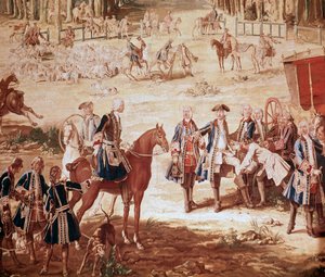 Jagt på Ludvig XV Kong Ludvig XV på jagt i skoven i Compiegne (Jagten på Ludvig XV - Tapestry) starten på pakken Detalje - Gobelin af Jean Baptiste Oudry (1686-1755) af Jean Baptiste Oudry