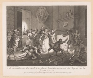 Interiør med gruppe vechtende mennesker Fornyelse af kampen, hvor to tjenere får lussinger på balderne (titel på objekt) Scener fra Roman Comique van Scarron (serietitel) af Jean Baptiste Oudry