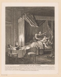 Mennesket er forskrækket vågent af kammerpotten, der bliver tømt over ham Lavanture du pot de chambre (titel på objekt) Scener fra Scarrons Roman Comique (serietitel) af Jean Baptiste Oudry