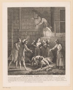 Man valt overop en geit La Rapinière falder på geden (titel på objektet) Scener fra Roman Comique van Scarron (serietitel) af Jean Baptiste Oudry