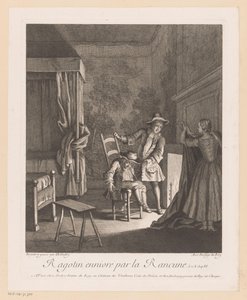 Ragotin drukket på en stol ved bålet Ragotin ennivré par la rancune (titel på objekt) Scener fra Scarrons Roman Comique (serietitel) af Jean Baptiste Oudry