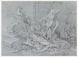 Stilleben med fisk og papegøje af Jean Baptiste Oudry