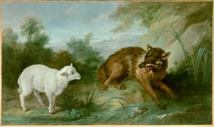 Ulven og lammet. Illustration af en fabel af Jean de La Fontaine (1621-1695). Maleri af Jean Baptiste Oudry (1686-1755)