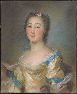 En ung dame i en gul kjole med blå bånd af Jean Baptiste Perronneau