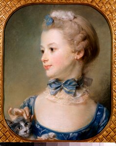 Portræt af en lille pige med en kat - Den unge dame har et bånd og et let slør om halsen sat med en knude og kærtegner hovedet på en kat med fingerspidserne - Pastelmaleri af Jean-Baptiste Perroneau (Jean Baptiste Perronneau) (1715) -1783) 18. årh