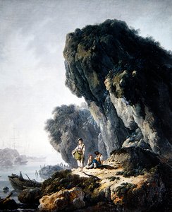 Et kystlandskab med figurer på en klippe (olie på lærred) af Jean Baptiste Pillement