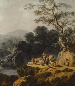 Et floddalslandskab med hyrder og rejsende af Jean Baptiste Pillement