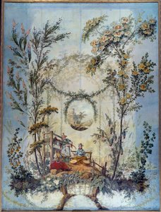 Chinoiserie: Dekorativt panel, der repræsenterer en kinesisk scene, instrueret af Jean Pillement (1728-1808)