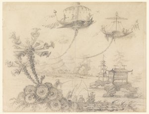 Tegning, Chinoiserie-fantasi, 1770-90 af Jean Baptiste Pillement